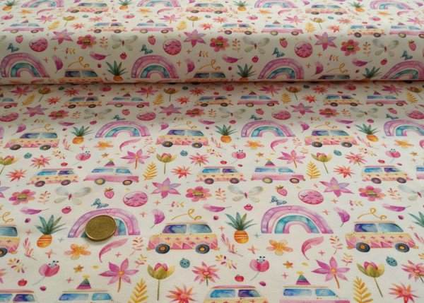 Miami Beach ecru pink Baumwoll-Jersey mit Regenbogen und Blumen, ein Kinderstoff von Hilco